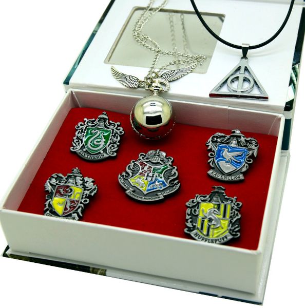 

7pcs harry botter cosplay magic school badge pin brooch keychain gryffindor ravenclaw slytherin hufflepuff brooches in box