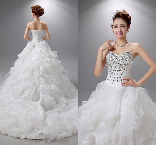 

luxury crystal wedding gowns a-line sweetheart beads 2018 long train organza ruffles lace up wedding dress arabic muslim wedding dress, White