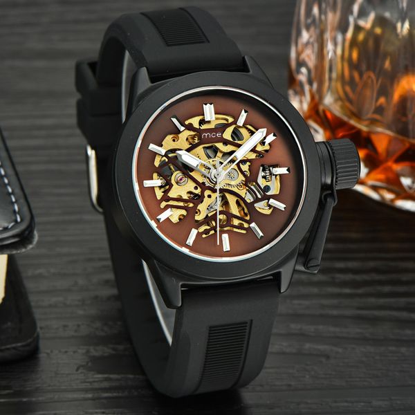 

mens watches hollow skeleton automatic watch men watch clock chronometer stylish casual clock, Slivery;brown