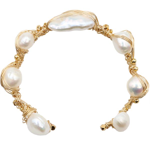 

gold color handmade freshwater baroque pearl wire wrapped jewelry bracelet bangles 2018 birthday gift for women female, Black