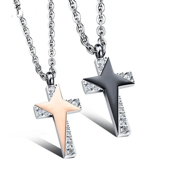 

silver gold black color fashion simple lover's cross star zircon stainless steel pendant chain necklace jewelry gift for men boys 1039