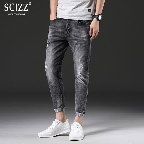 

2018 summer dark grey ripped men jeans slim fit denim pants men nine stretch jeans zipper fashion, Blue