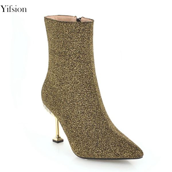 

yifsion new stylish women winter boots thin high heel mid-calf boots pointed toe 4 colors party prom shoes women us size 3-10.5, Black