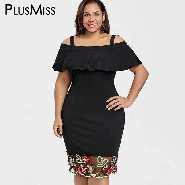 

plusmiss plus size 5xl floral embroidery off the shoulder flounce dress women bodycon ruffle party dresses large size robe femme, White;black
