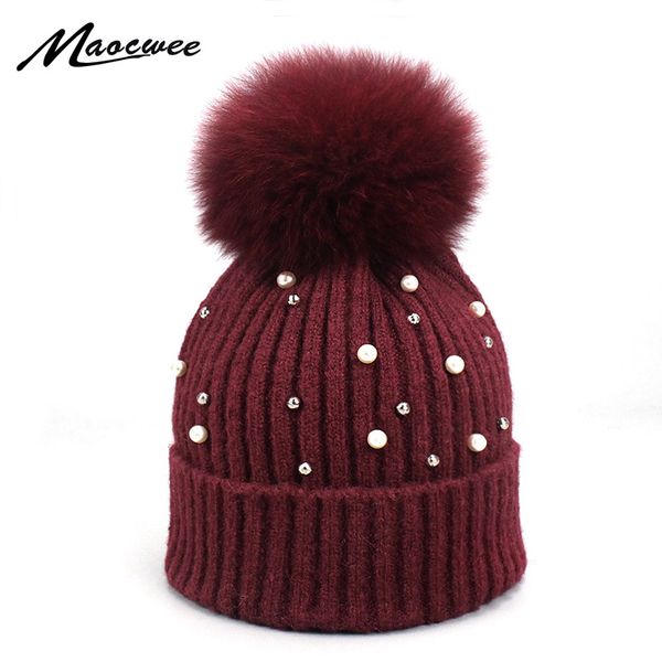 

2018 women's hat autumn winter rhinestones pearl hats female beanies natural raccoon fur pompom cotton warm ski caps, Blue;gray
