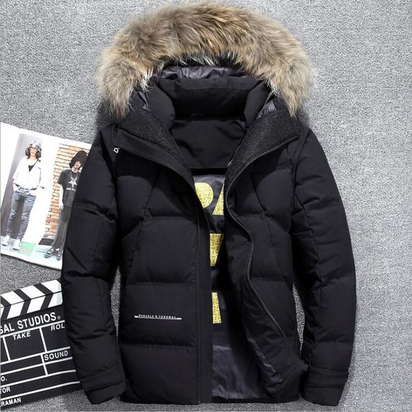 

men's fur hood winter warm snow duck down parkas coats v1105-001, Black