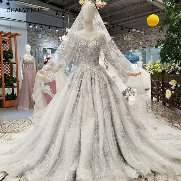 Acheter 2019 Dubai Robes De Soirée Brillante Robe Grise à Manches Longues O Neck Long Train Cristal Femme Occasion Robes De Mariée Avec Voile De Haute