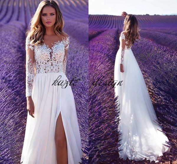 

2018 milla nova a line wedding dresses sheer neck long sleeves lace appliques chiffon side split button back country bohemian bridal dress, White
