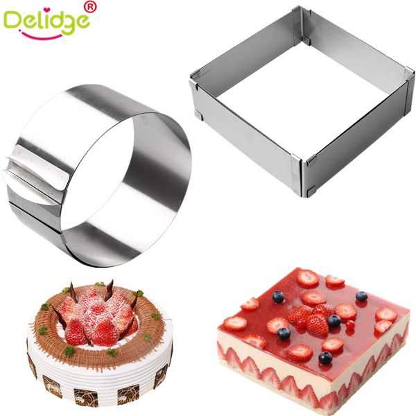 

delidge 2 pc/set adjustable cake mold stainless steel round & square shape cake mousse ring diy chocolates bread mold