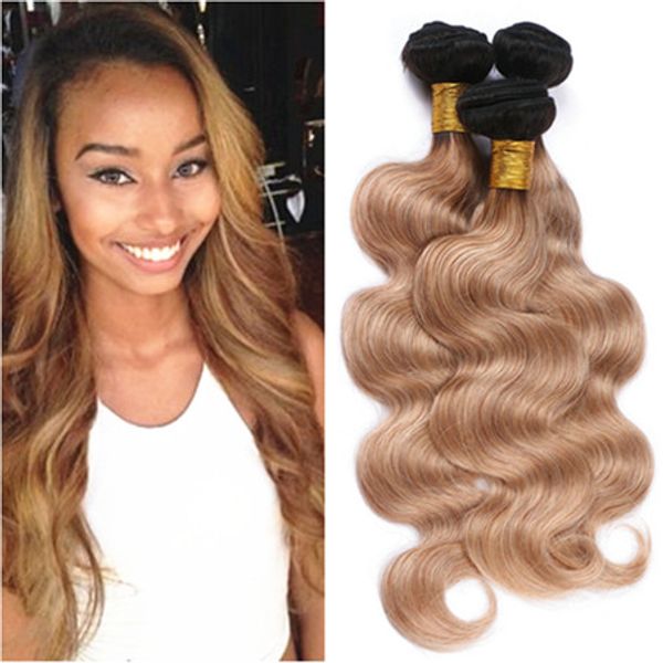 1b 27 Light Brown Ombre Malaysian Human Hair Bundles Body Wave Wavy Dark Root Honey Blonde Ombre Virgin Hair Weave Extensions Human Hair Curly Weave