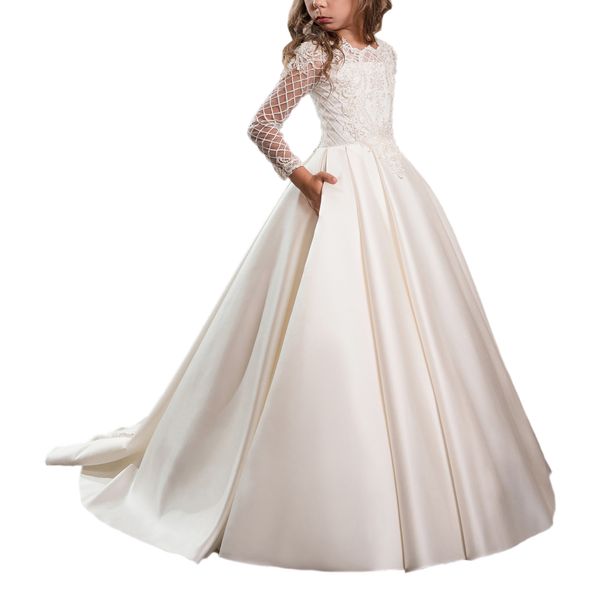 Robes de fille de fleur en satin blanc princesse 2021 Nouvelles manches longues pures robes de fête d'anniversaire de première communion filles robe de concours Fo315z