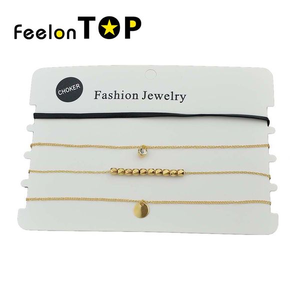 

4pcs/set rope chain choker necklace gold-color silver color chain with and stone multi layer choker necklace, Golden;silver