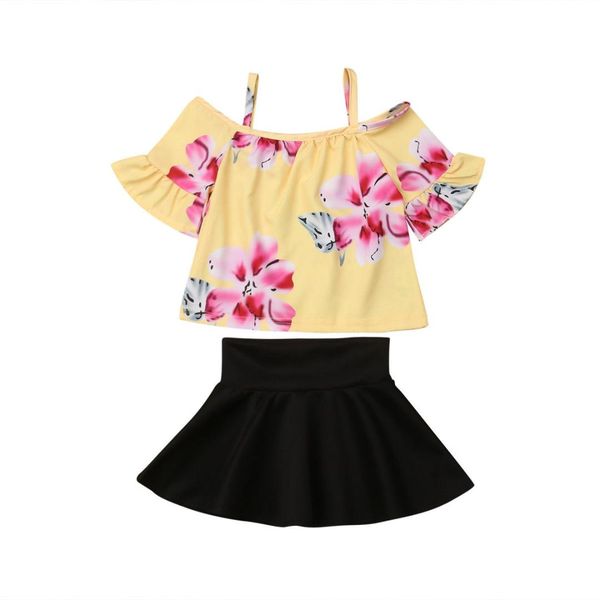

fashion girls clothes off shoulder floral blouse tops a-line black skirt 2pcs outfits princess girl summer clothes set, White