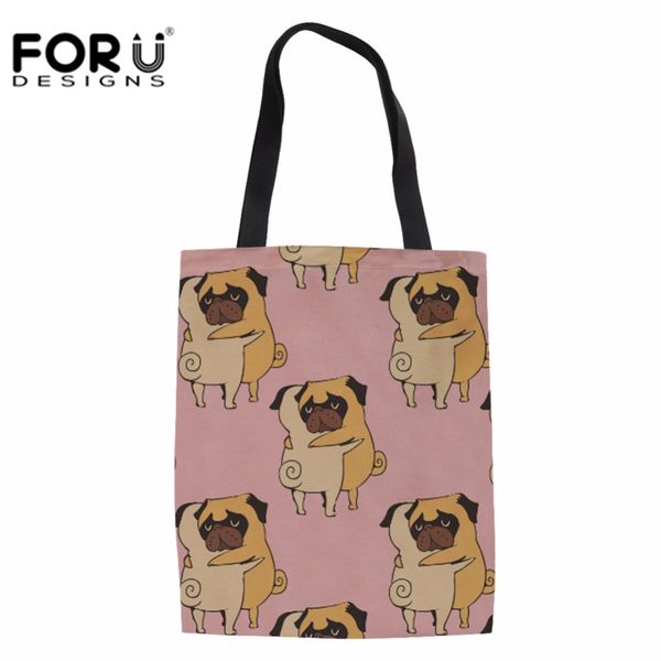 

forudesigns large shopping bags pug dog pattern beach pouch for women females recycle folding grocery package beach travel bag