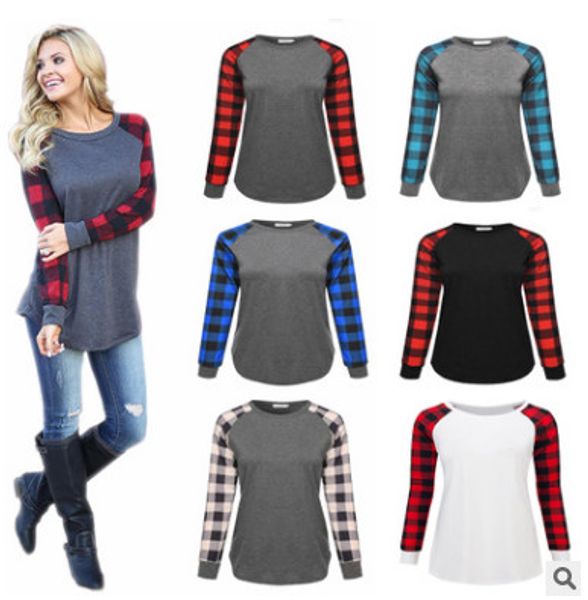 

S-5XL Plus Size Plaid Panel Raglan Long Sleeve T-shirt Women Ladies Spring Autumn Winter Patchwork Sweatshirt Casual Blouse Shirt Top Tees