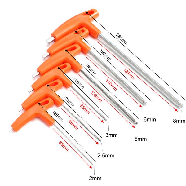 Freeshipping 6 Pz / lotto Chiave a T con impugnatura a sfera Set di chiavi esagonali a lunga portata Strumento per cacciavite a brugola H2-H8mm