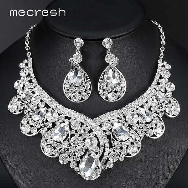 

mecresh luxurious big teardrop dubai wedding jewelry sets rhinestone crystal statement bridal necklace sets christmas gift tl034 d18101003, Silver