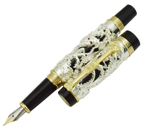 

jinhao dragon phoenix vintage luxurious fountain pen, metal carving embossing heavy pen, noble silver & black for office school