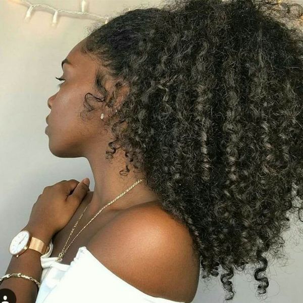 

easy ponytail hairstyles clip in human hair drawstring ponytail 1b kinky curly drawstring pony tail afro puffs virgin curly pony tails 140g, Black