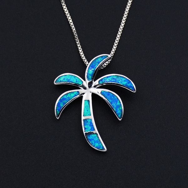 

ocean blue opal beach palm tree pendant necklace with lab-created opal, Silver