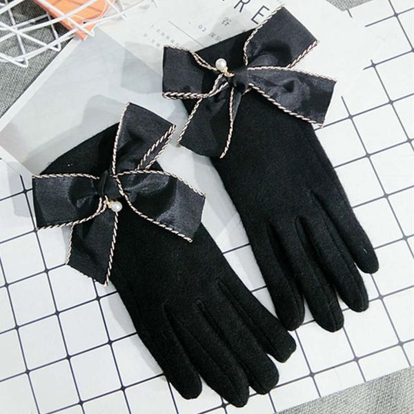 

simple pearl bowknot full finger touch screen mittens women warm winter gloves solid luvas invierno mujer guantes female gift, Blue;gray