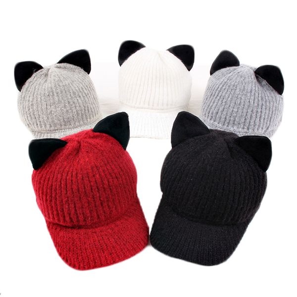 

2017 autumn winter women girl hats new warm outdoor cashmere mandrel yarn wool baseball hat monochrome cat ear shape women cap, Blue;gray