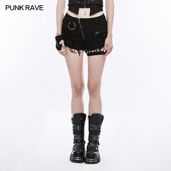 

punk rave new women black shorts punk fitted version patch wash broken technology rivet and metal decoration short pants, White;black