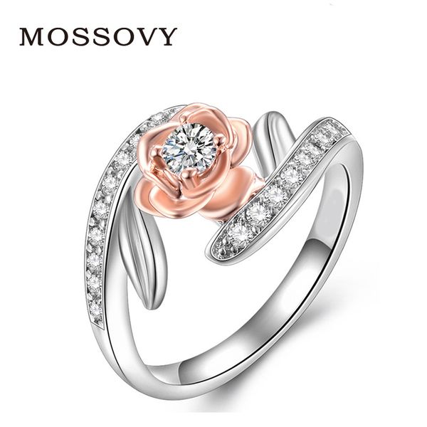 Acheter Mossovy Rose Or Bague Fleur Zircon Bague De Fiançailles De Mode Bijoux De Mariage Anneaux Pour Les Femmes Bague Femme Anillos Mujer Anillos De