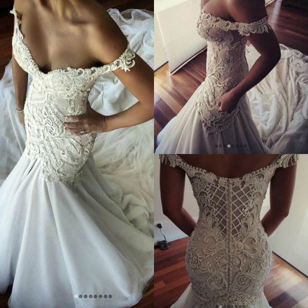 

mermaid 2019 wedding dresses off the shoulder beaded lace appliqued bridal gowns chapel train plus size vestidos, White