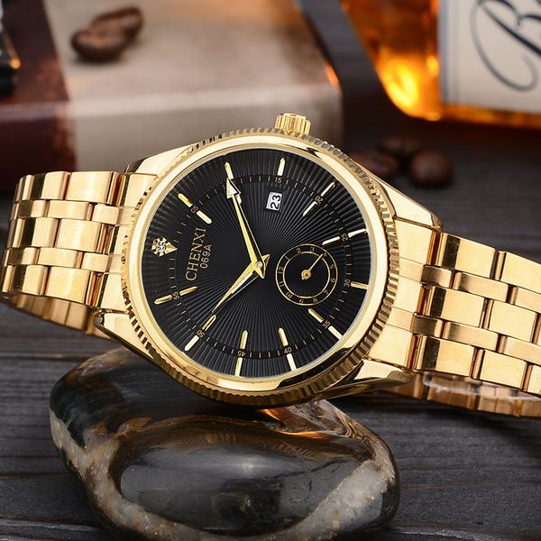 

2018 new fashion chenxi watch gold color mens watches casual selling men watch steel dress watches, Slivery;brown