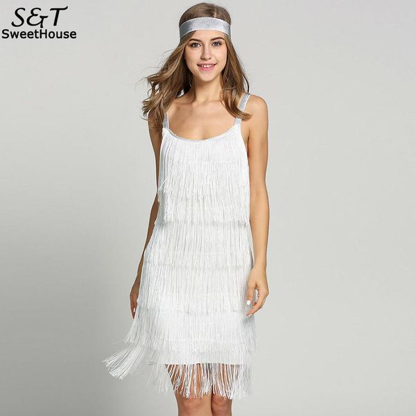 

2018 summer dress women straps sleeveless dress tassels glam party gatsby fringe flapper with waistband, White;black
