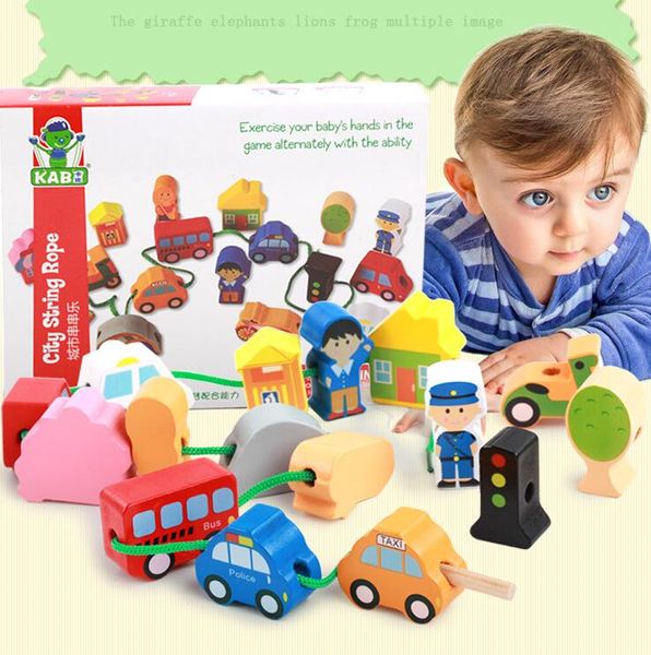 Baby Toys 16pcs grande fazenda de desenhos animados/cidade/vestido de personagem corda corda de madeira brinquedos infantis miçangas de brinquedos de brinquedos