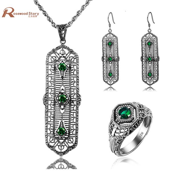 

africa wedding jewelry sets antique green stone created emerald ring pendant earrings 925 silver for women bridal jewelry sets, Black