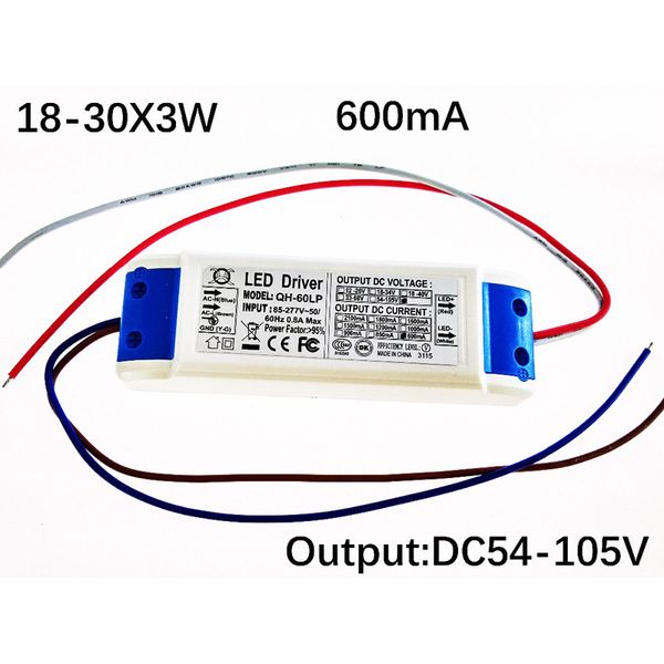 10pcs Brand New Transformers Driver DC 54-105V 600mA AC 85 ~ 277V Adattatore lampada per l'alimentatore di illuminazione