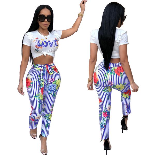 

fashion women 2pcs sets sports flower pants short tshirts tracksuits love tees striped trousers outfits suits, White