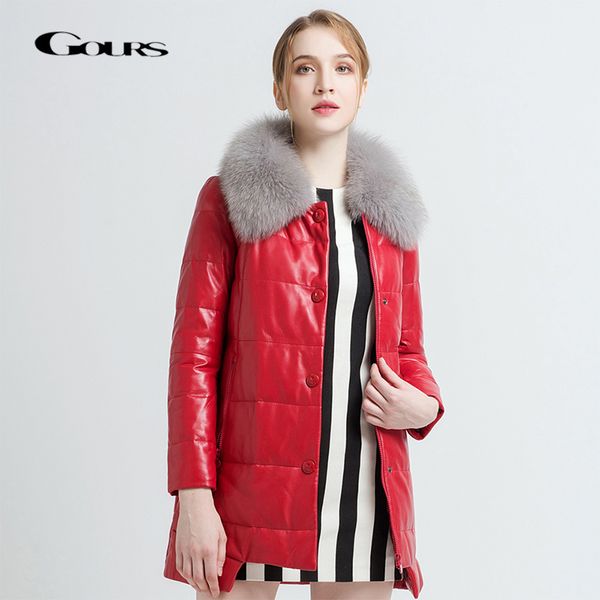 

gours women's genuine leather duck down overcoats black sheepskin jackets with fur collar winter warm parka new arrival 232