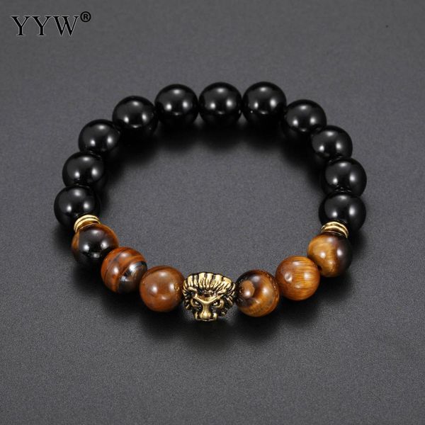 

bracelet men luxury gold lion zinc alloy charm 10mm beads bracelets male black agat stone bangles pulseras pulseira masculina