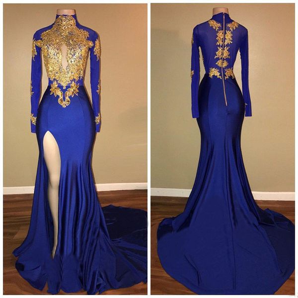 Manga longa Vestidos de Noite de Alta Neck Keyhole Ouro Lace Azul Royal Vestido de Baile Dividir Vestido de Festa 2K18 Preto Casal Dia Da Menina