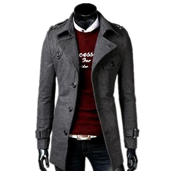 

2018 autumn/winter fashion new men leisure single-breasted trench coat / men's turn down collar long woolen jacket, Black