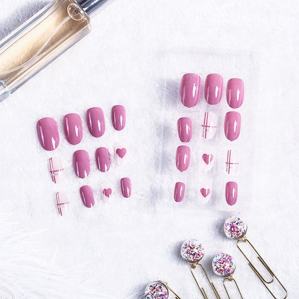 

24pcs/set women pink color heart false nail art stickers fake nail tip finished manicure sticker, Red;gold
