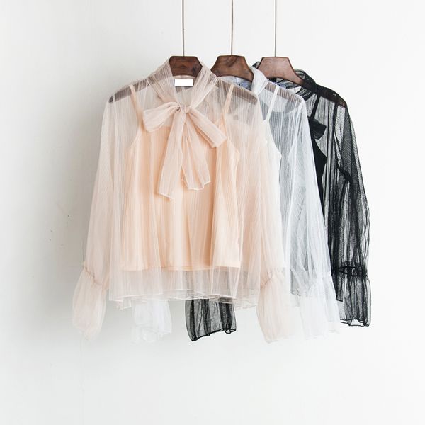 

litfun 2018 spring lady sweet blouse ruffle sleeve pleated night club gauze mesh female blouse bow tie lace 2 pcs shirt, White