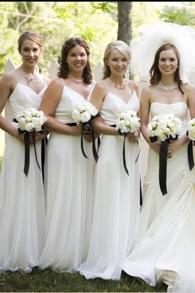 

selling spaghetti straps white long bridesmaid dresses chiffon for wedding party with black sash under 100, Red;white