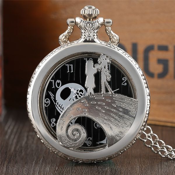 

gifts for huge fans of the nightmare before christmas children woman's man's necklace quartz pocket watches skull pendant, Slivery;golden