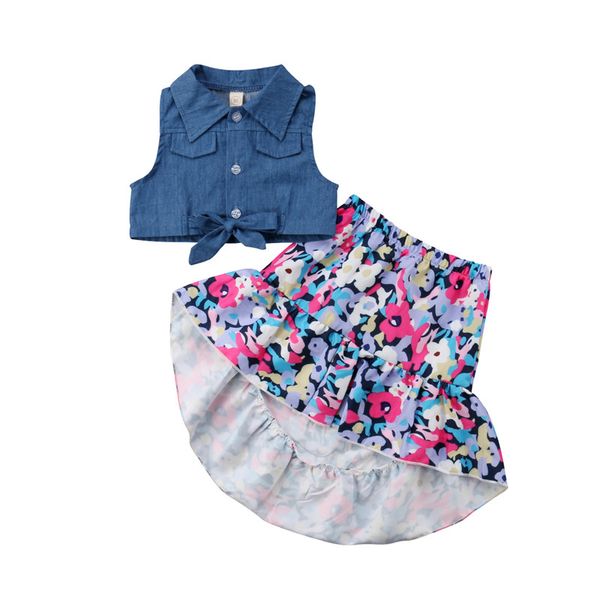 Toddler Kids Baby Girls Outfits Clothes Denim T-shirt Tops+Skirt Dress 2PCS Sets