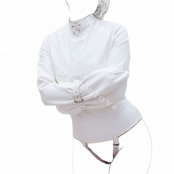 

womens creamy white straight jacket for medical play faux leather kinky fantasy straitjacket fetish gimp role play costume, Black