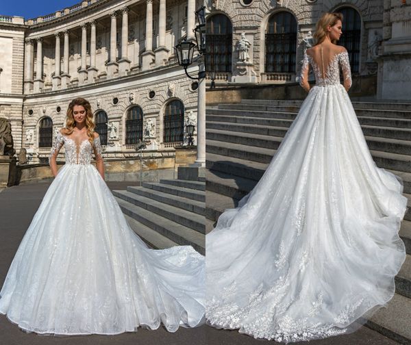 

2019 каскадные ruffles свадебные платья линия sheer шеи кружева аппликация 3/4 рукавом свадебные платья халат де mariée, White