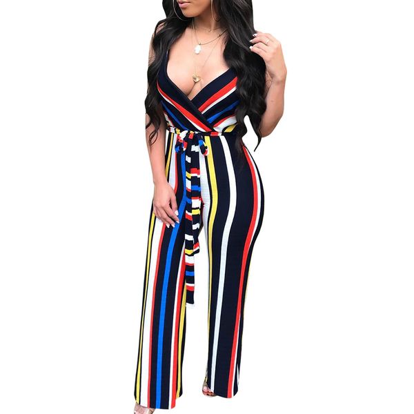 

women jumpsuit summer 2018 body femme long bodysuit overalls f0603 deep v neck waist belt, Black;white