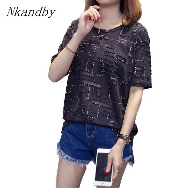 

nkandby plus size hole t shirt 2018 summer women vintage short sleeve chic oversized lady clothing, White