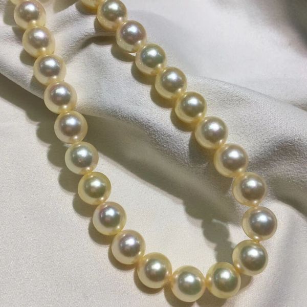 

7-7.5mm round natural japanese seas akoya gold pearl necklace 17" 14k gold, Silver