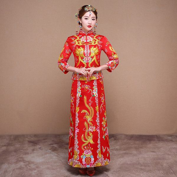 

chinese traditional dress qipao red long sleeve cheongsam embroidery oriental dresses wedding gowns robe orientale vestido chino